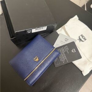 MCM Navy Leather Bi-Fold Wallet with Gold Trim